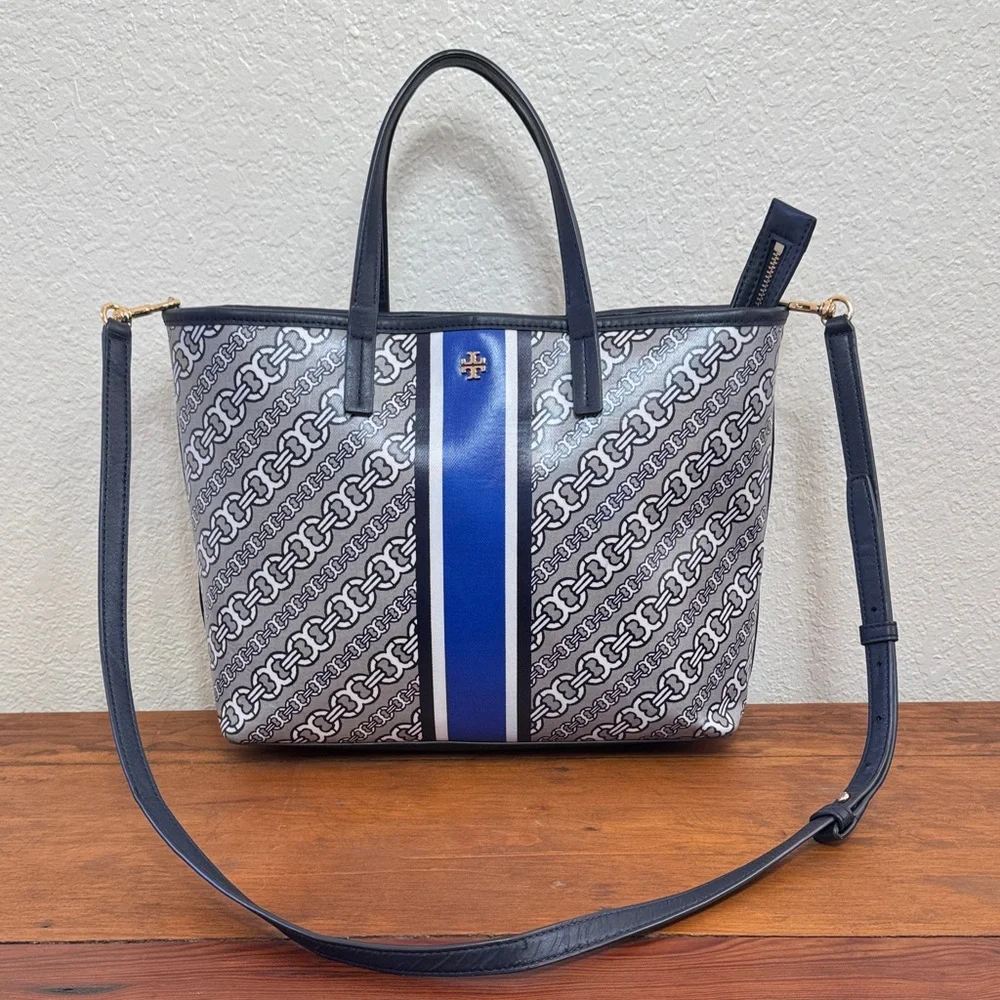 Tory Burch Gimini Link Canvas Satchel Navy and White Patterned Tote.